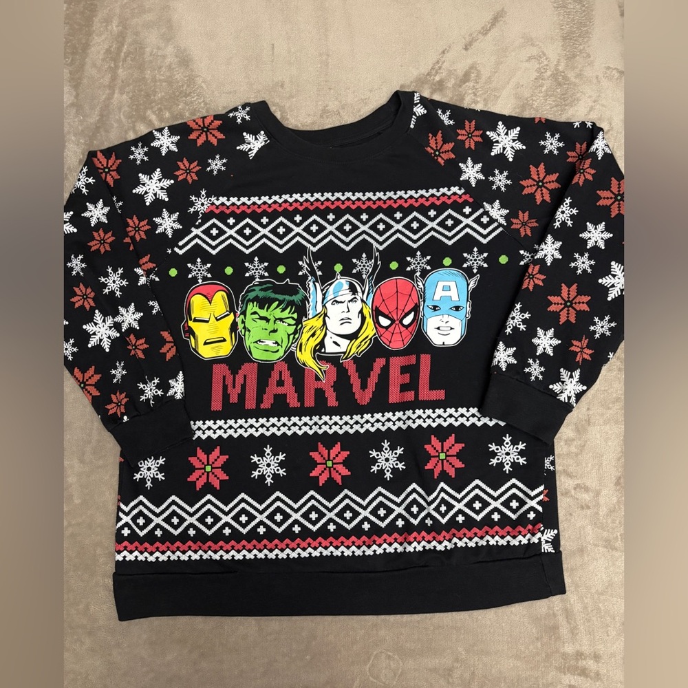 Marvel Black Sweater with Superhero Faces and Festive Patterns, Youth.